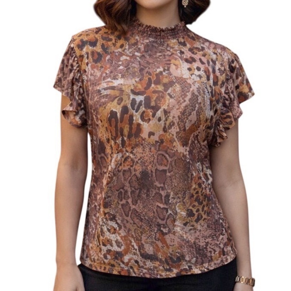 New York & Company Smock Neck Snake Print Sheer Ruffle Sleeve Blouse Top Sz XL